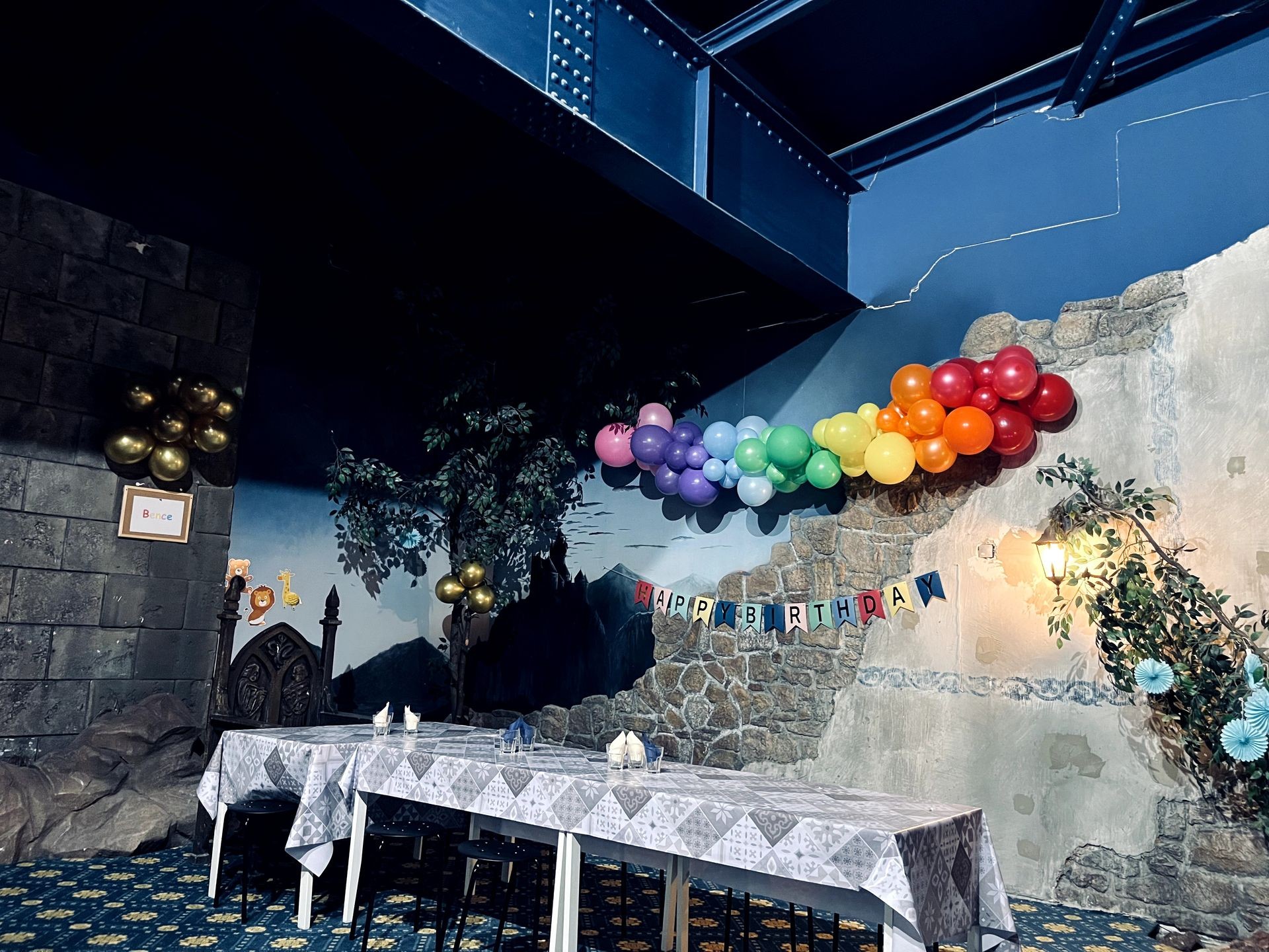 Colorful balloon rainbow and 'Happy Birthday' banner in a decorated room with tables.