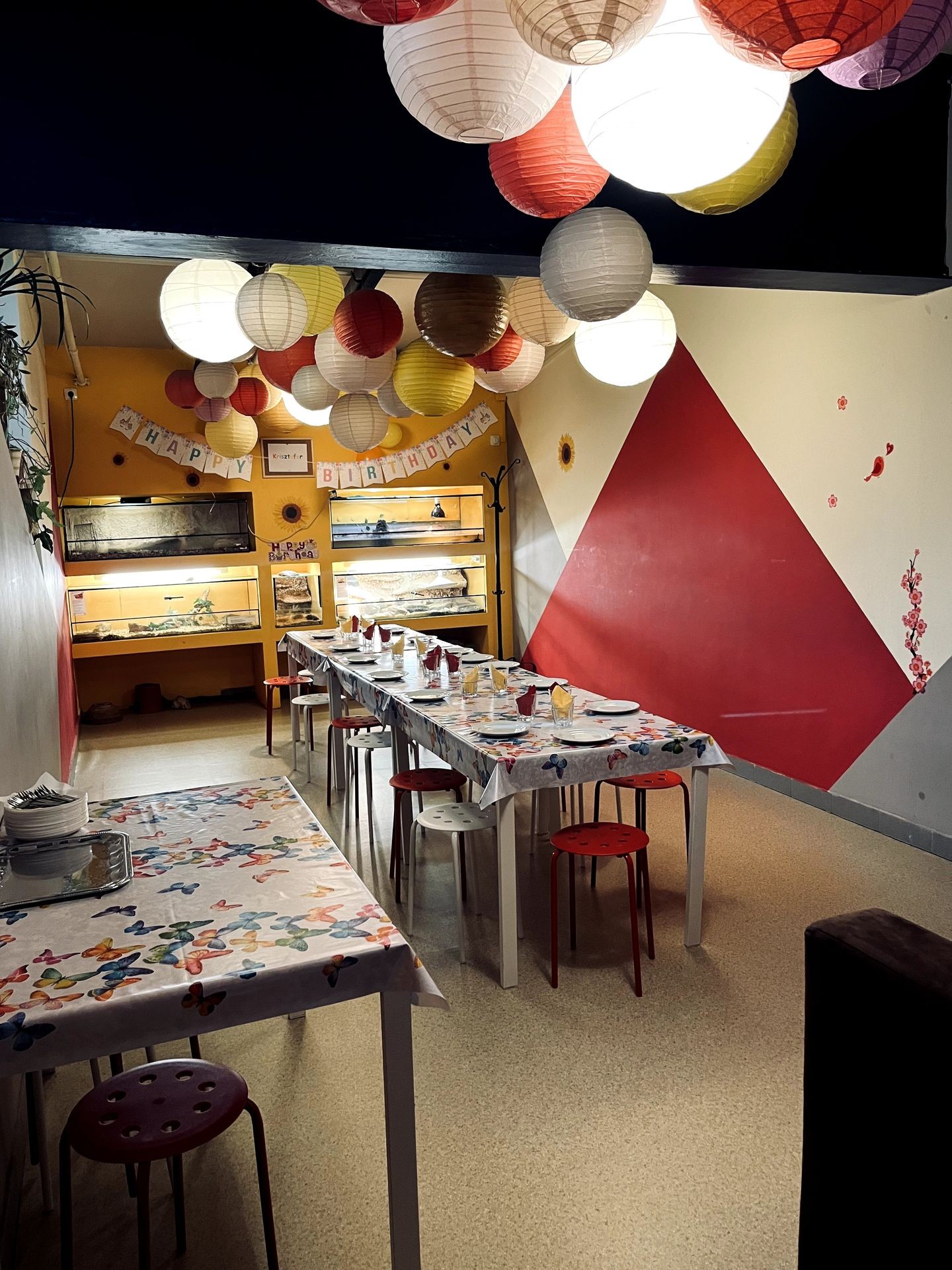 Birthday party setup with decorated tables and colorful lanterns hanging from the ceiling.